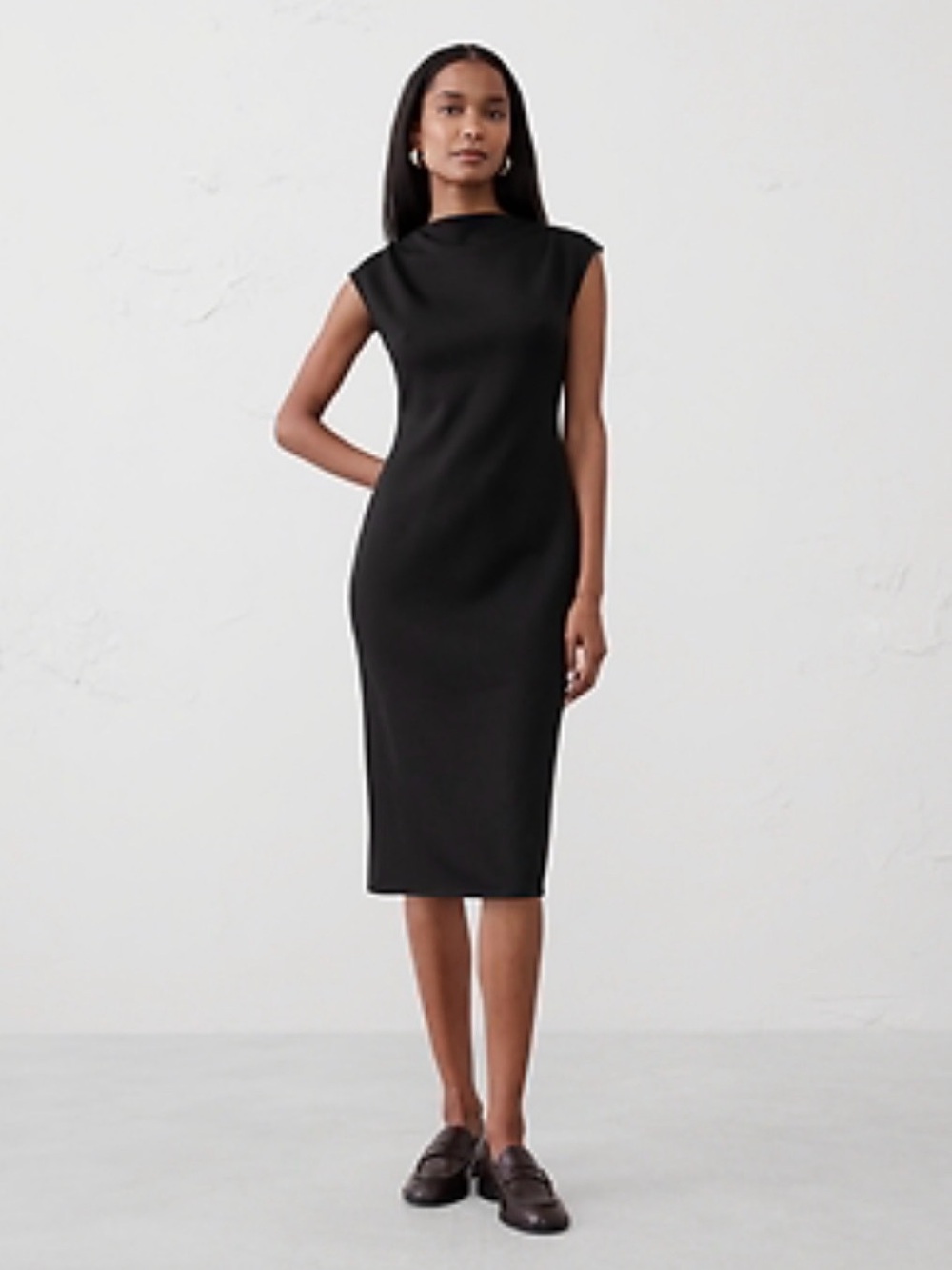 Banana Republic Black Scuba Cap-Sleeve Midi Sheath Dress